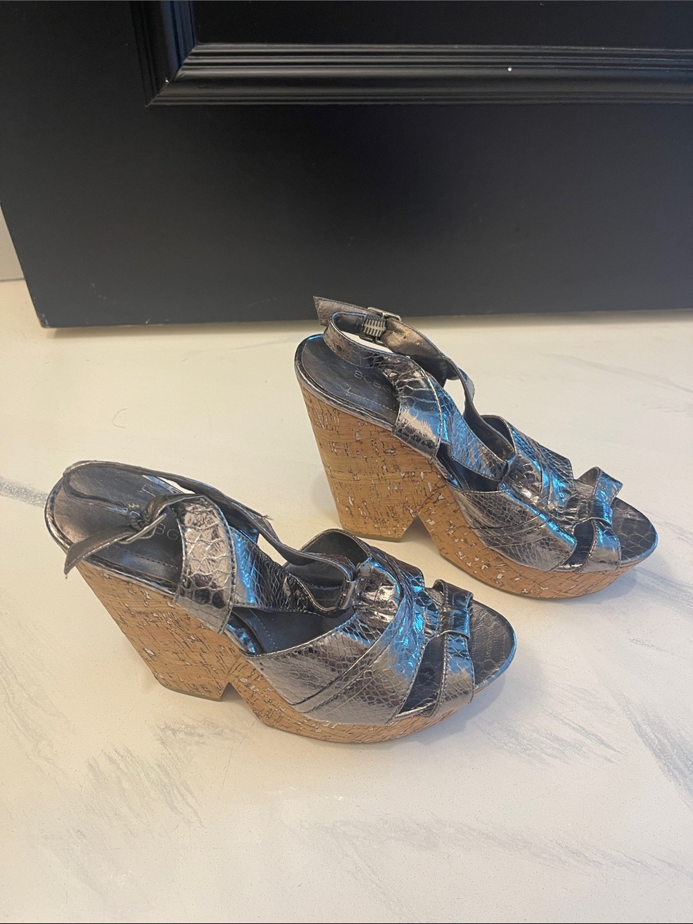 BCBG Metallic Pewter Croc-Embossed Slingback Heels